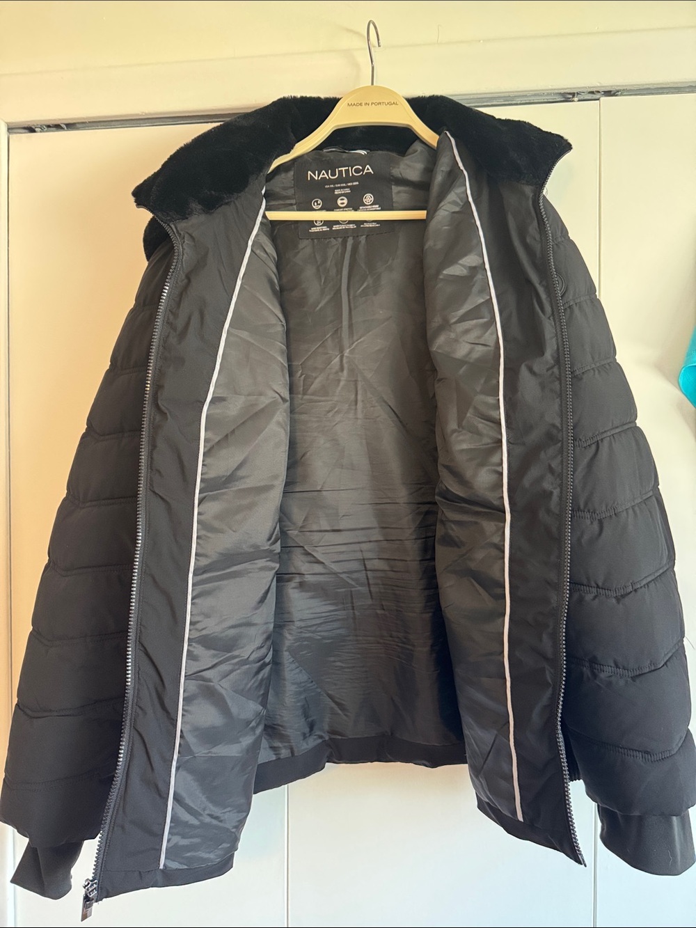 Nautica Women’s Black Quilted Puffer Coat with Faux Fur Collar